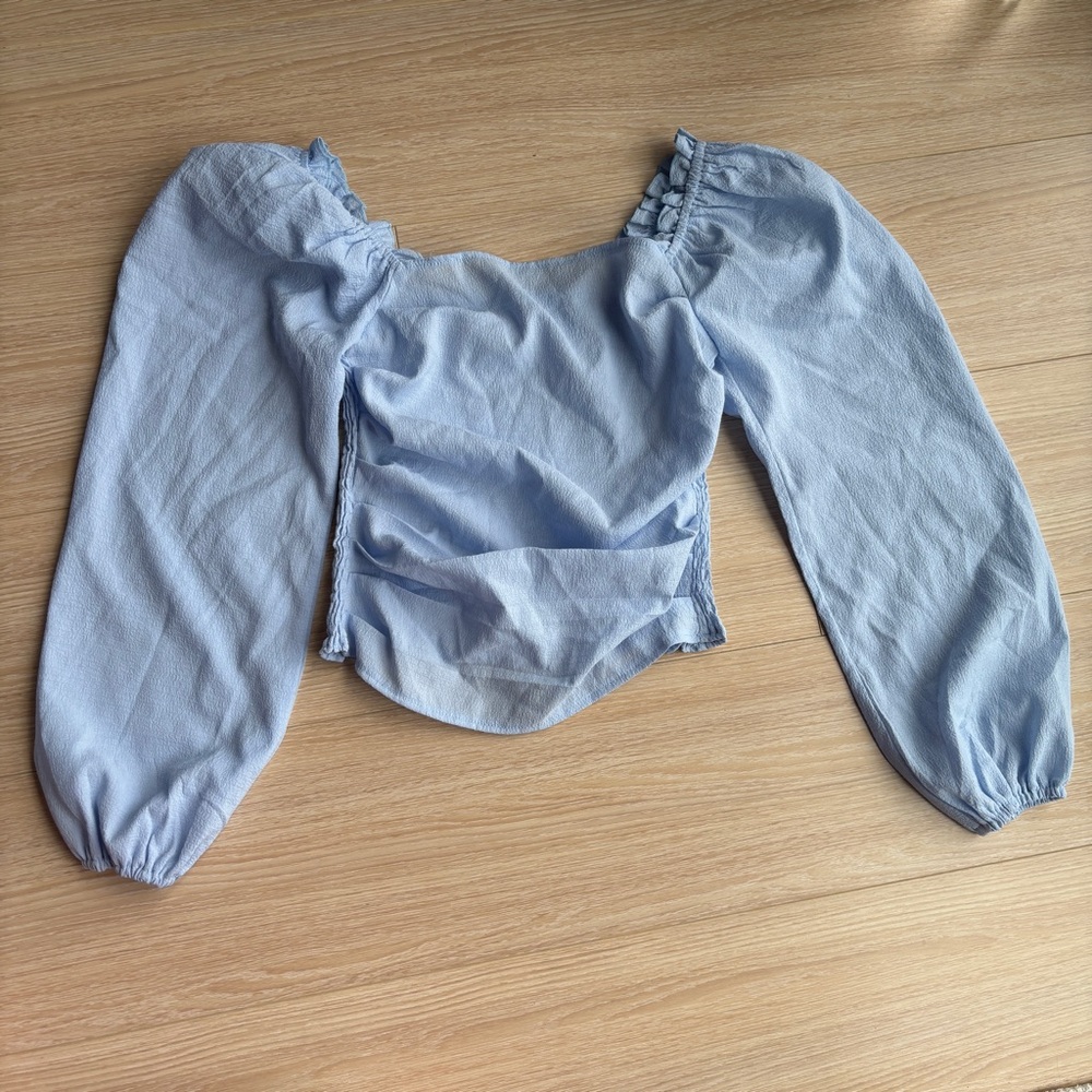 2/$10 SHEIN Light Blue Puff Sleeve Smocked Top stretchy ruched top size S - Picture 2 of 7